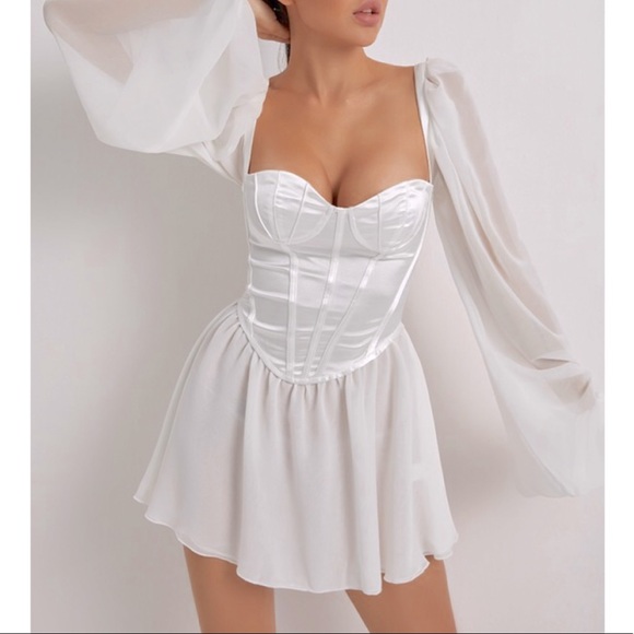 Chiffon Bubble Sleeve Bustier Corset Mini Dress - Picture 3 of 11